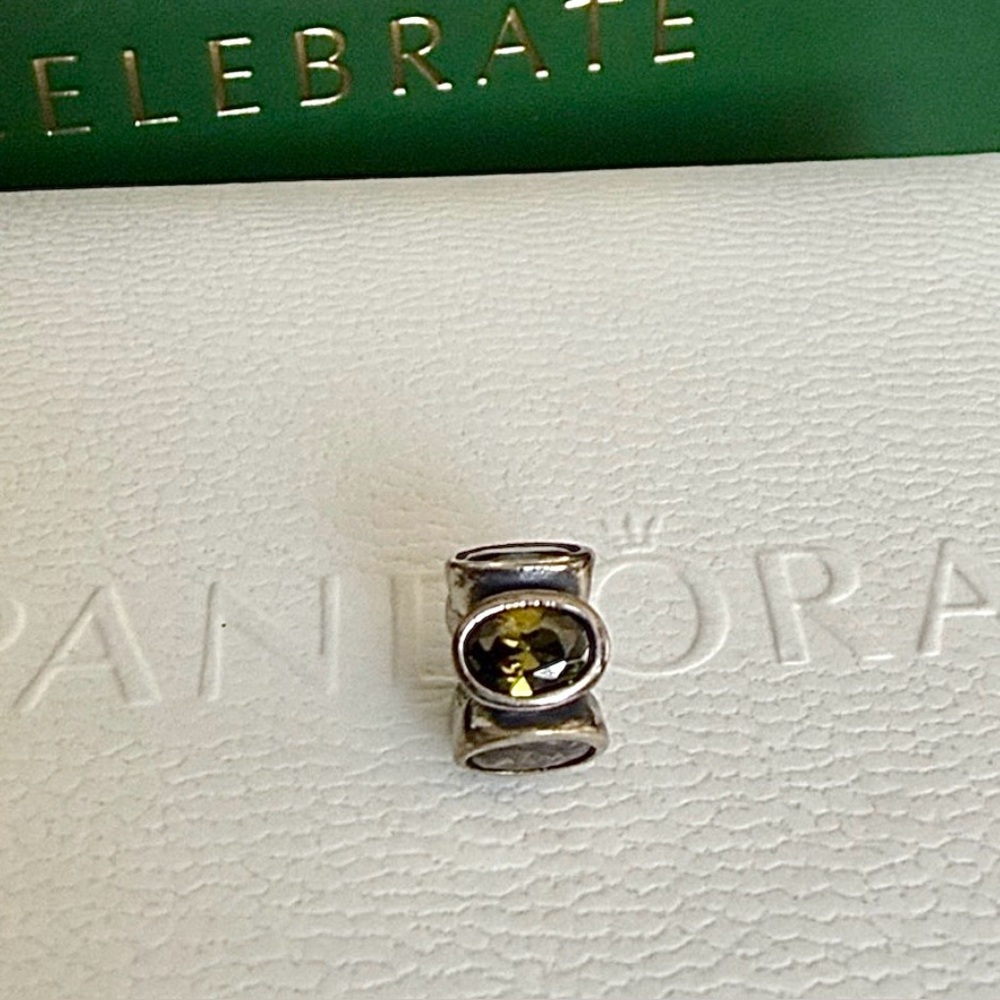 Pandora Silver Oval Lights Dark Green Gemstone Charm RARE VINTAGE RETIRED